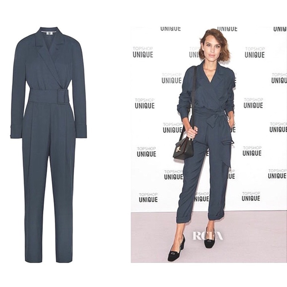 Topshop Unique Runway Line Jumpsuit Navy Blue Long Sleeve Belted Size 6